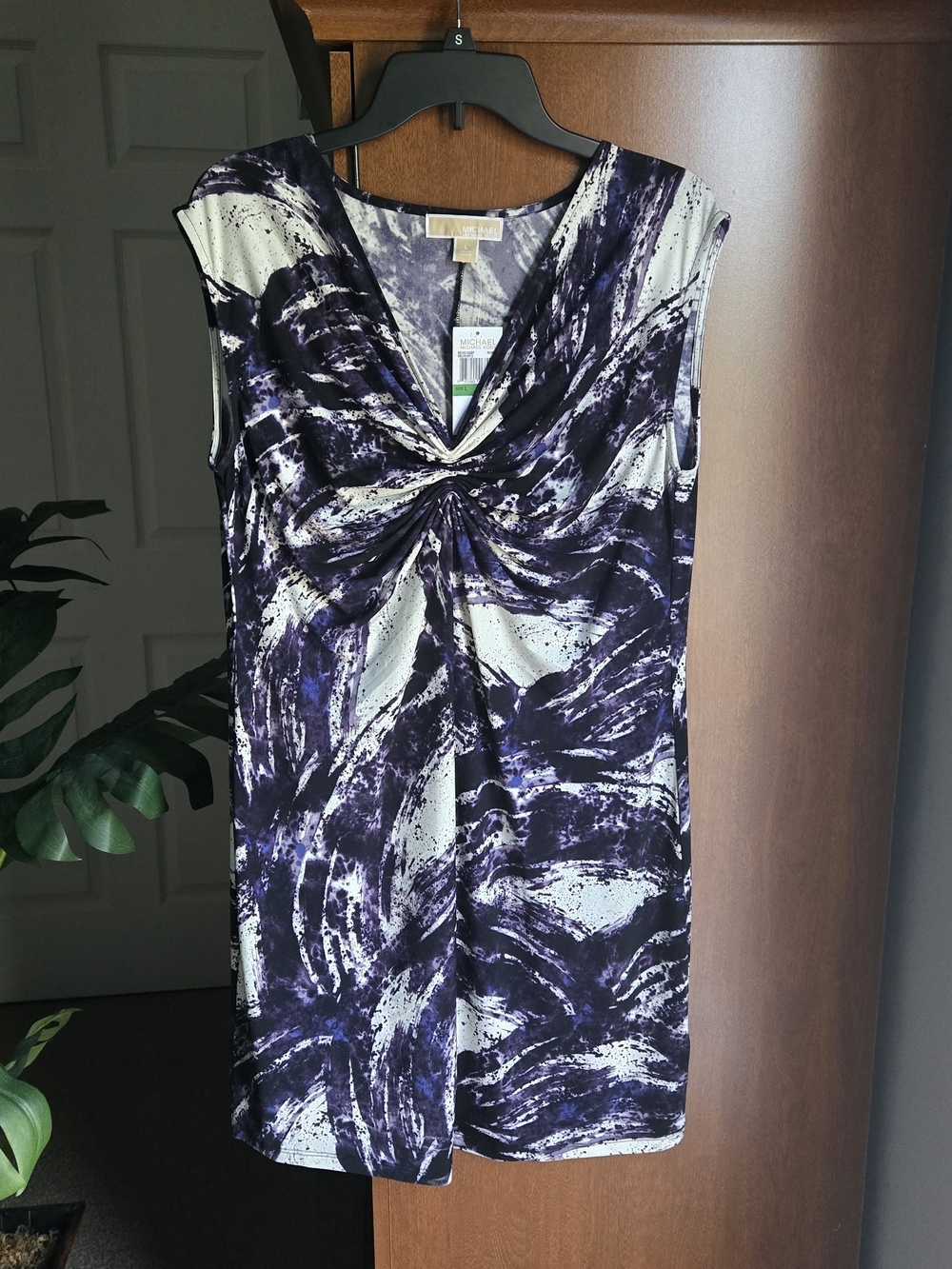 Michael Kors Purple and White Twist-Front Mini Dress